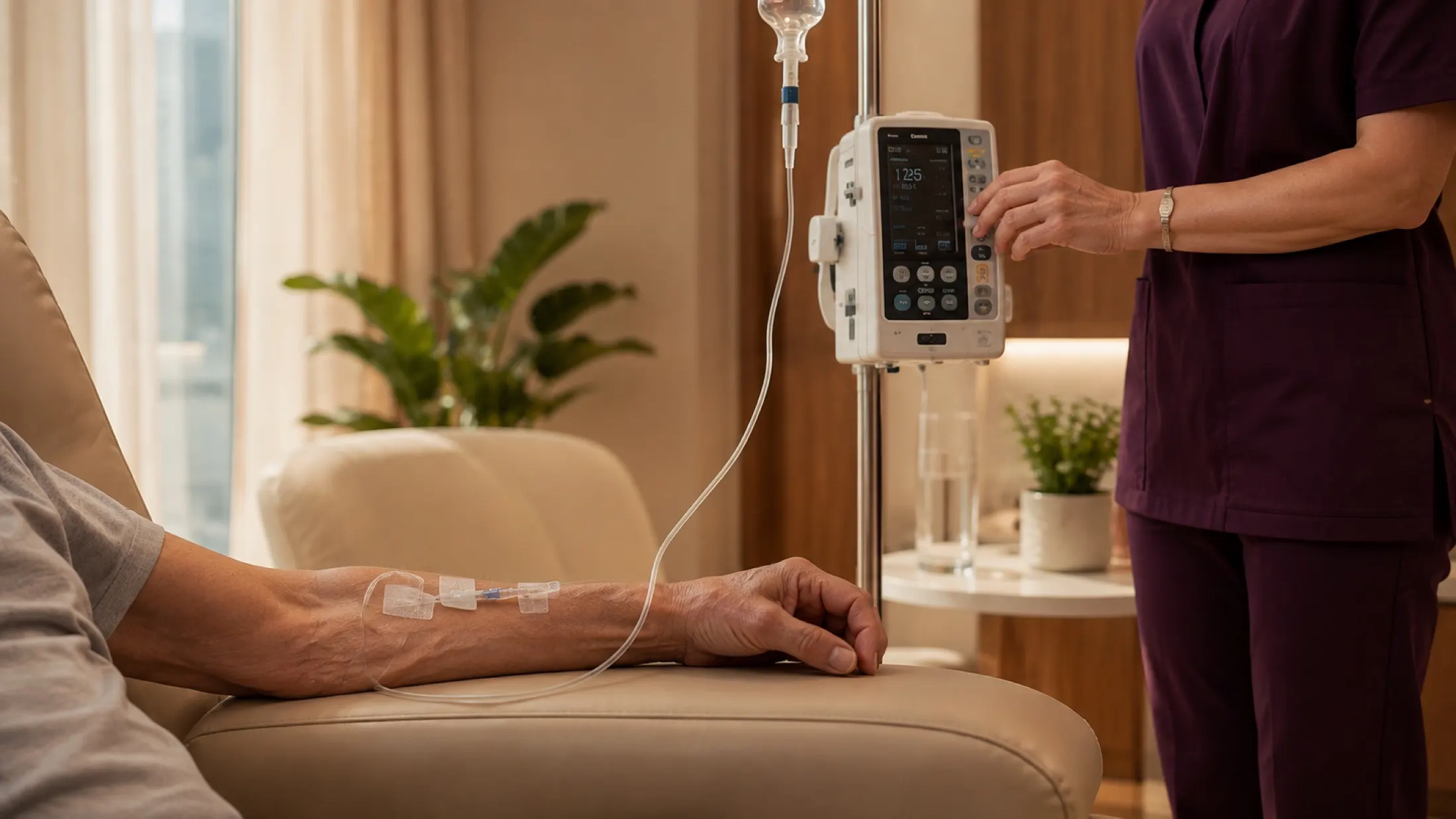 A nurse adjusting an IV drip beside a resting resident